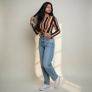 #m2d medium long sleeve front tie top VERTICAL
STRIPE CROP TOP mustard color